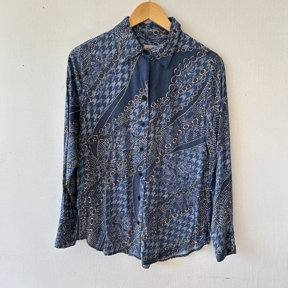 Chicos Nautical Blouse Womens Small Blue Collared Button Up Oceancore Maximalist